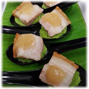 BCS - Slow Cooked Pork Belly on Green Pea Puree in Asian Spoon